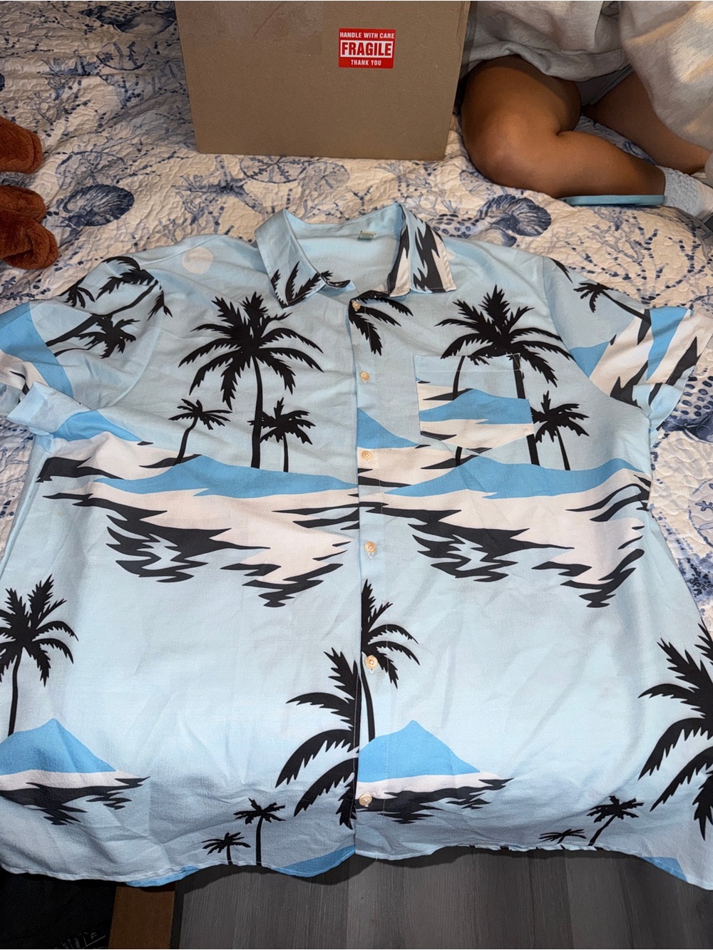 Light Blue Palm-Print Men's Button-Up Shirt